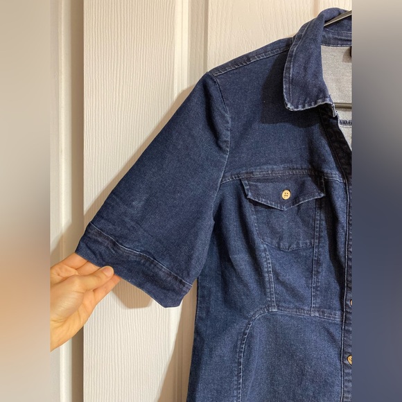 Nina Leonard Mini Buttoned Denim Jean Short Sleeve Blue Pockets Dress Size Large - Picture 3 of 9